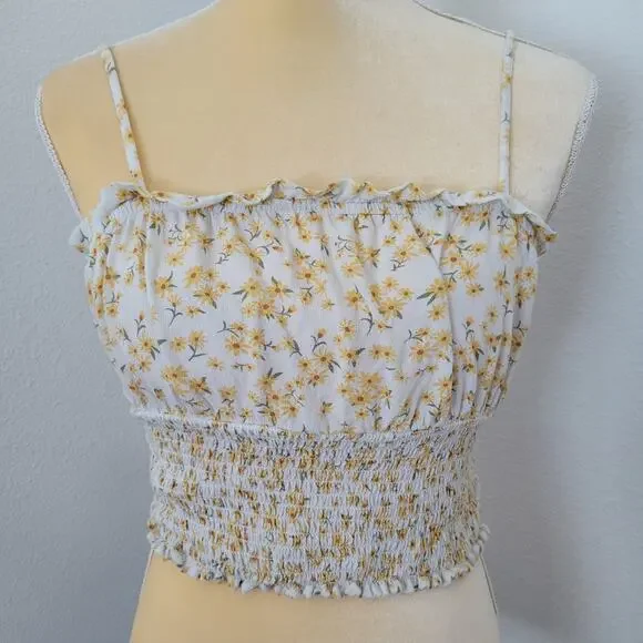 American Eagle White Floral Smocked Crop Tank Top Size S - Picture 2 of 6